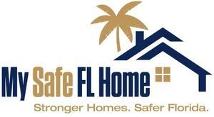 Logo for My Safe FL Home, text and a house silhouette under a palm tree. Text: Stronger Homes. Safer Florida.