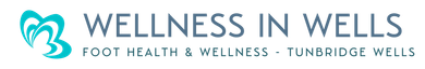 Logo of Wellness in Wells, with teal footprints. Text reads 