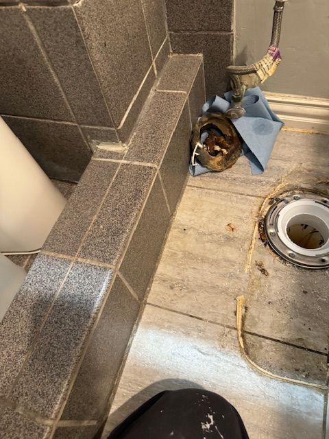 A bathroom with a toilet and a blue cloth on the floor
