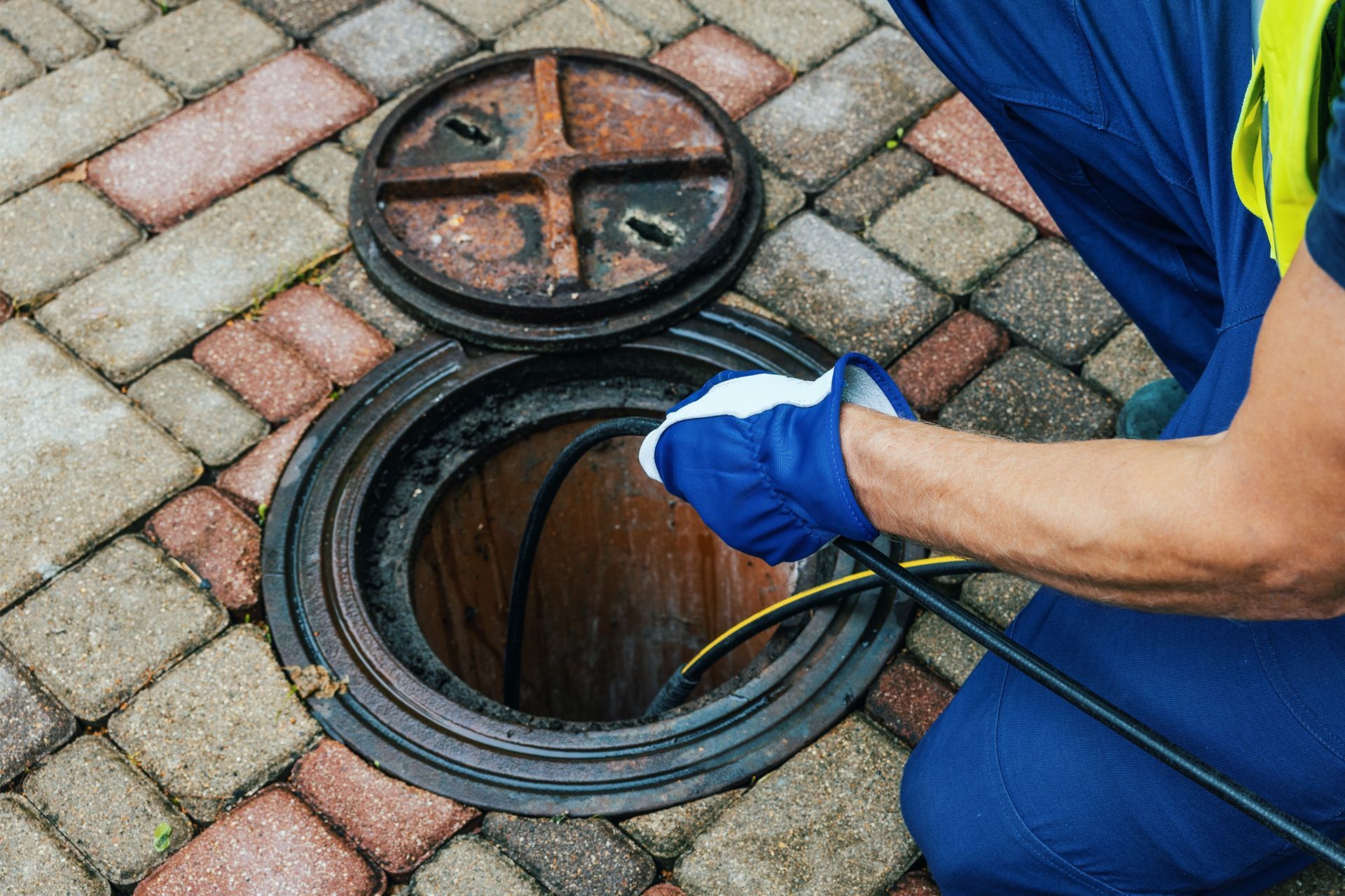 A man is kneeling down in front of a manhole cover
