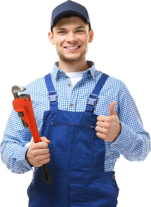 A man in overalls is holding a wrench and giving a thumbs up