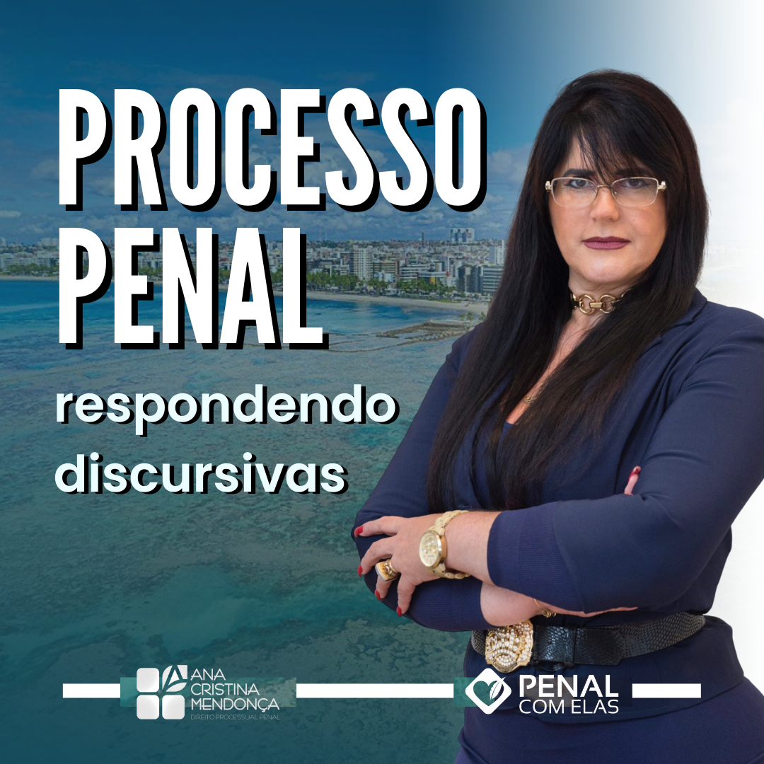 Banner promocional para “Processo Penal: responderndo discursivas” com uma mulher de uniforme azul-marinho ao lado de uma paisagem urbana à beira-mar.