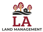 LA Land Management logo with red trees, black house, and bold maroon LA text