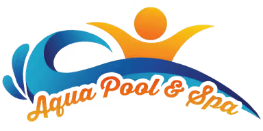 Aqua Pool & Spa logo with blue wave and orange sunburst