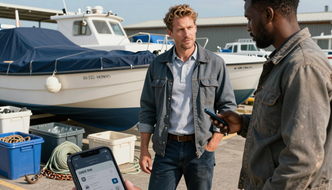 Business owner and field crew beside covered boats