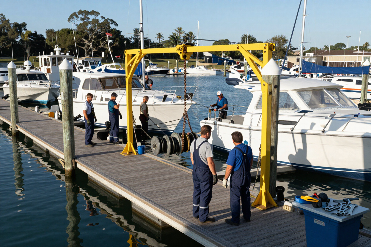 Dock and lift crew working at a marina