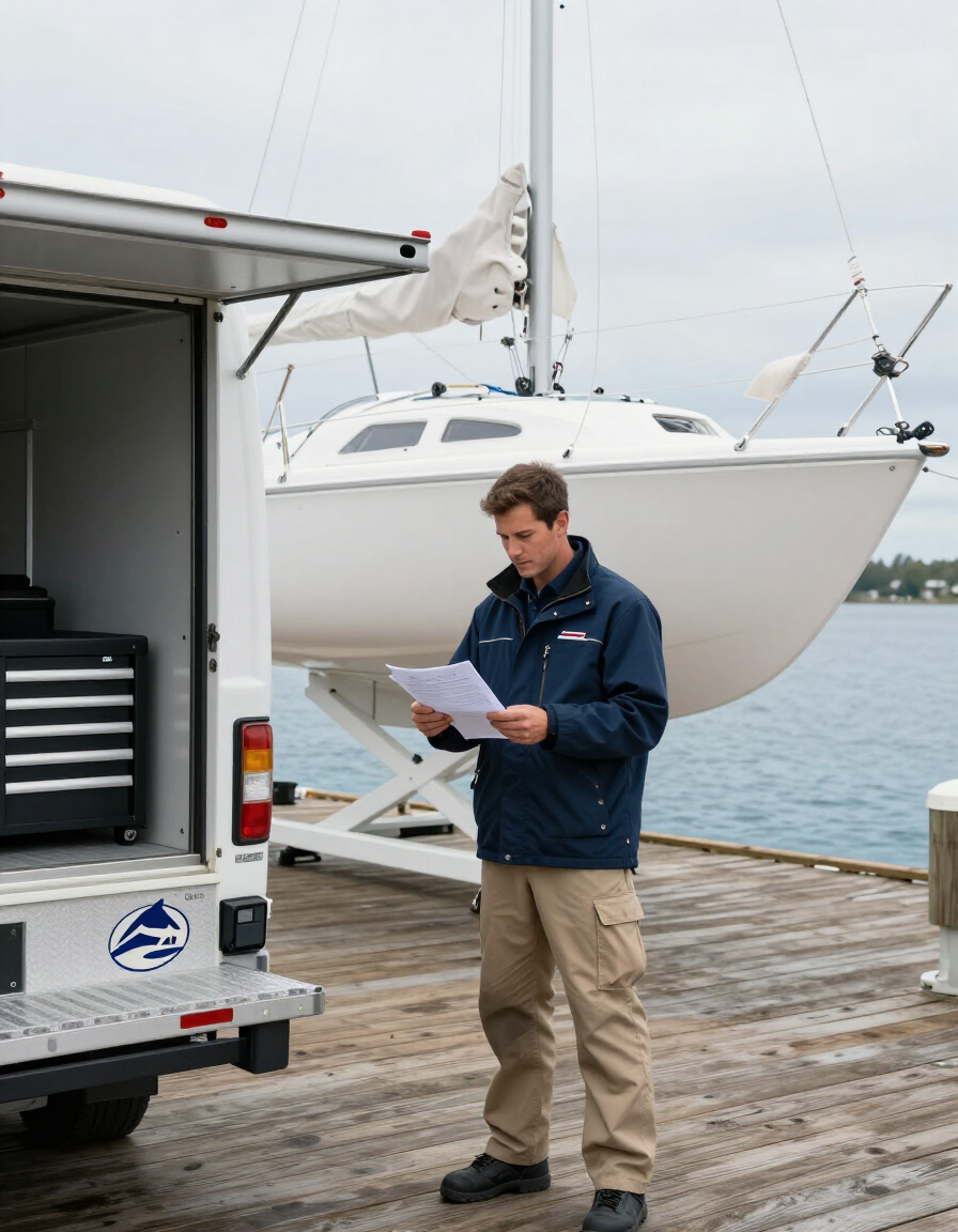 Marine service owner reviewing work at the dock