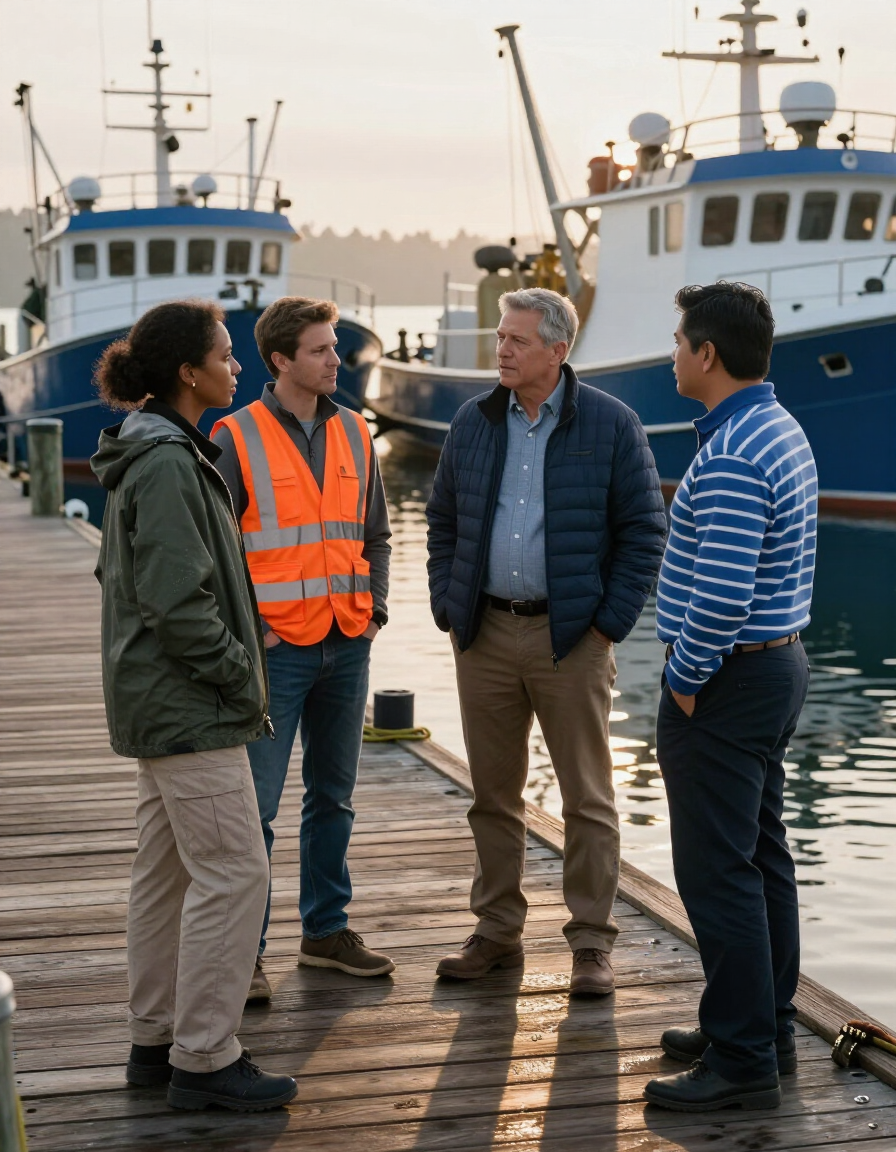 Owner and crew discussing work at the dock