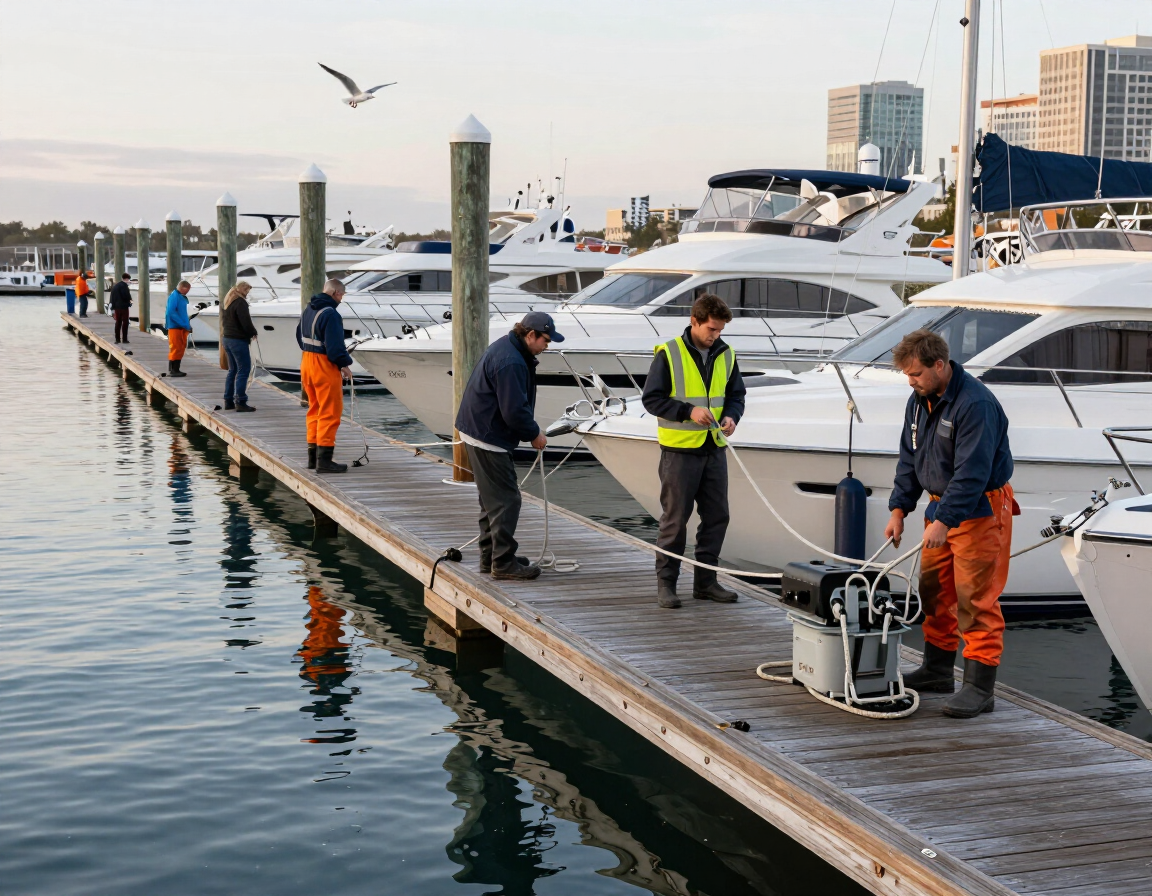 Working marina shoreline with crew and boats