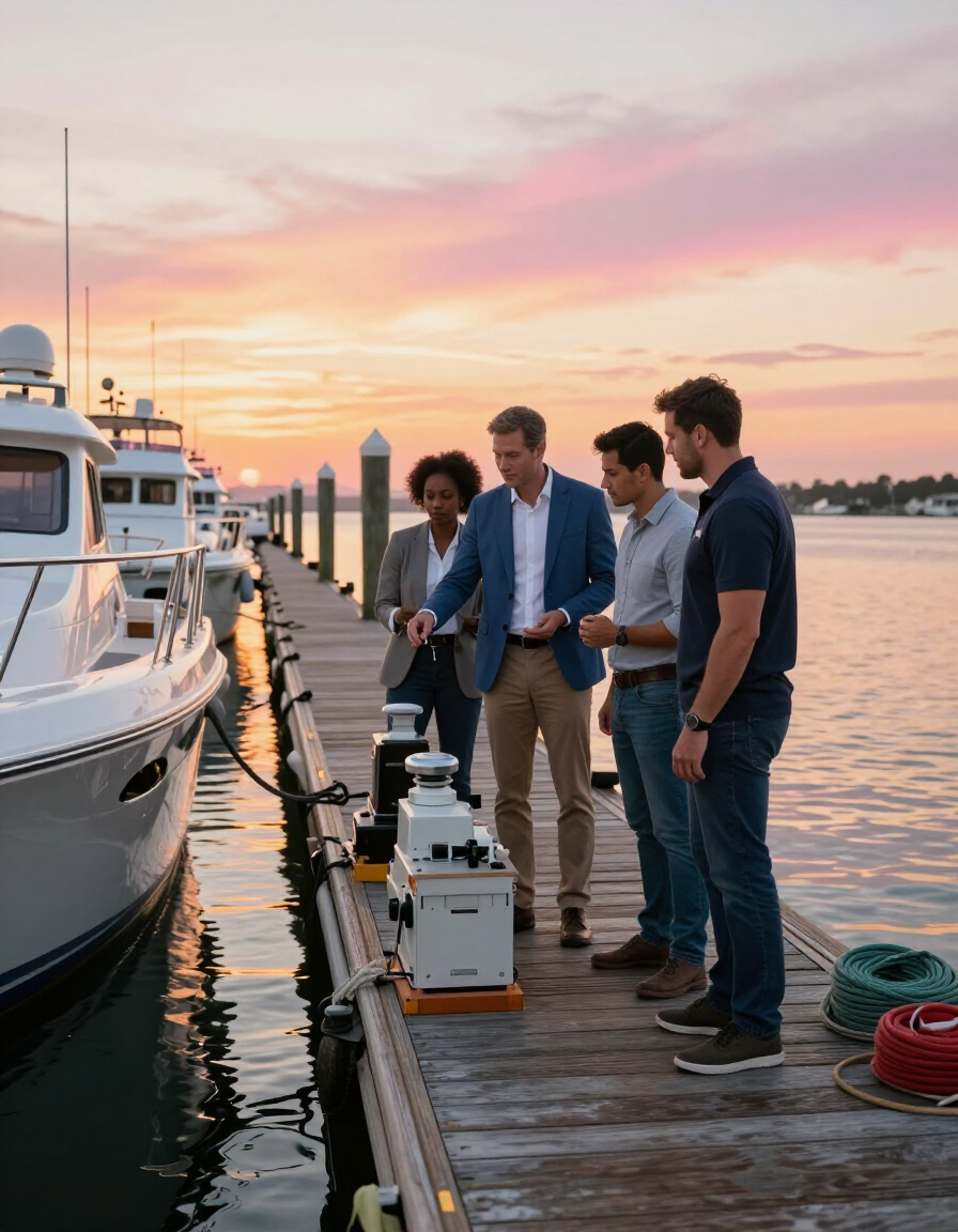 Reviewing dock equipment at sunset