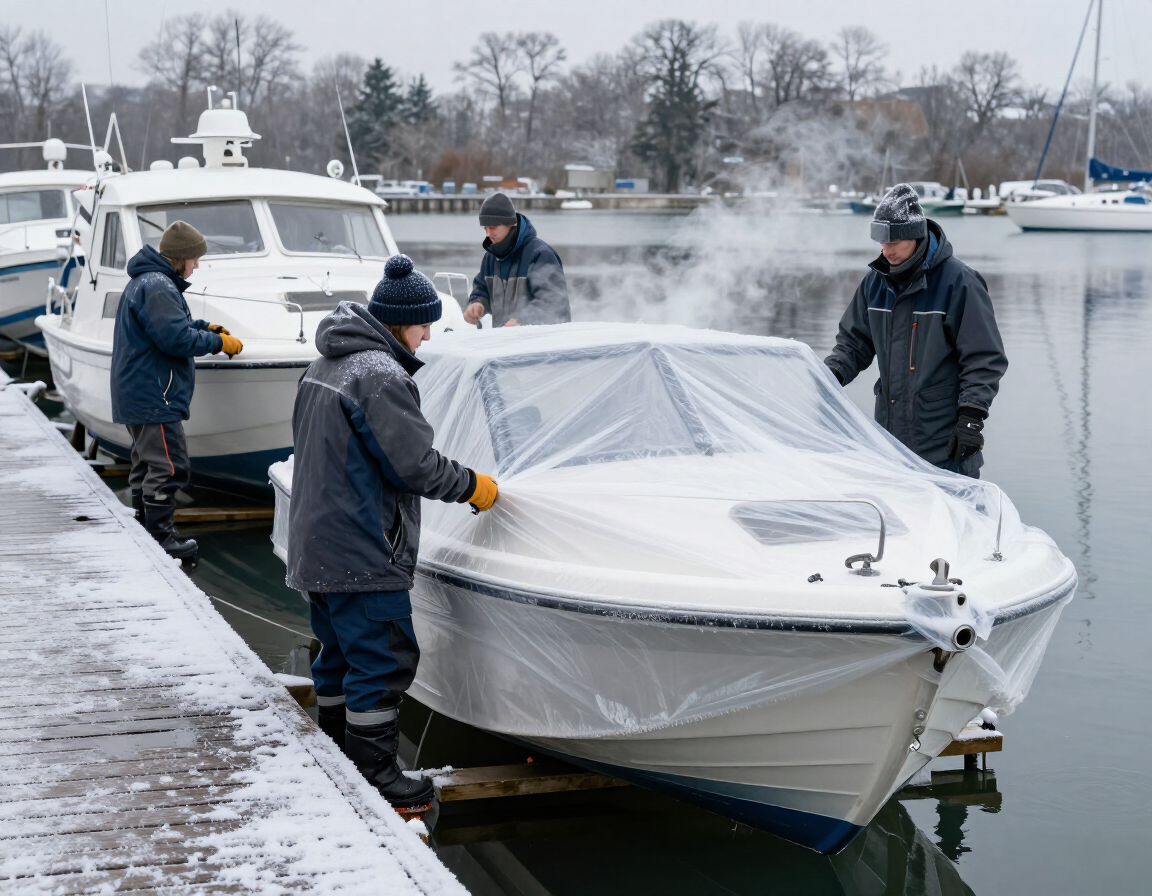 Crew winterizing boats