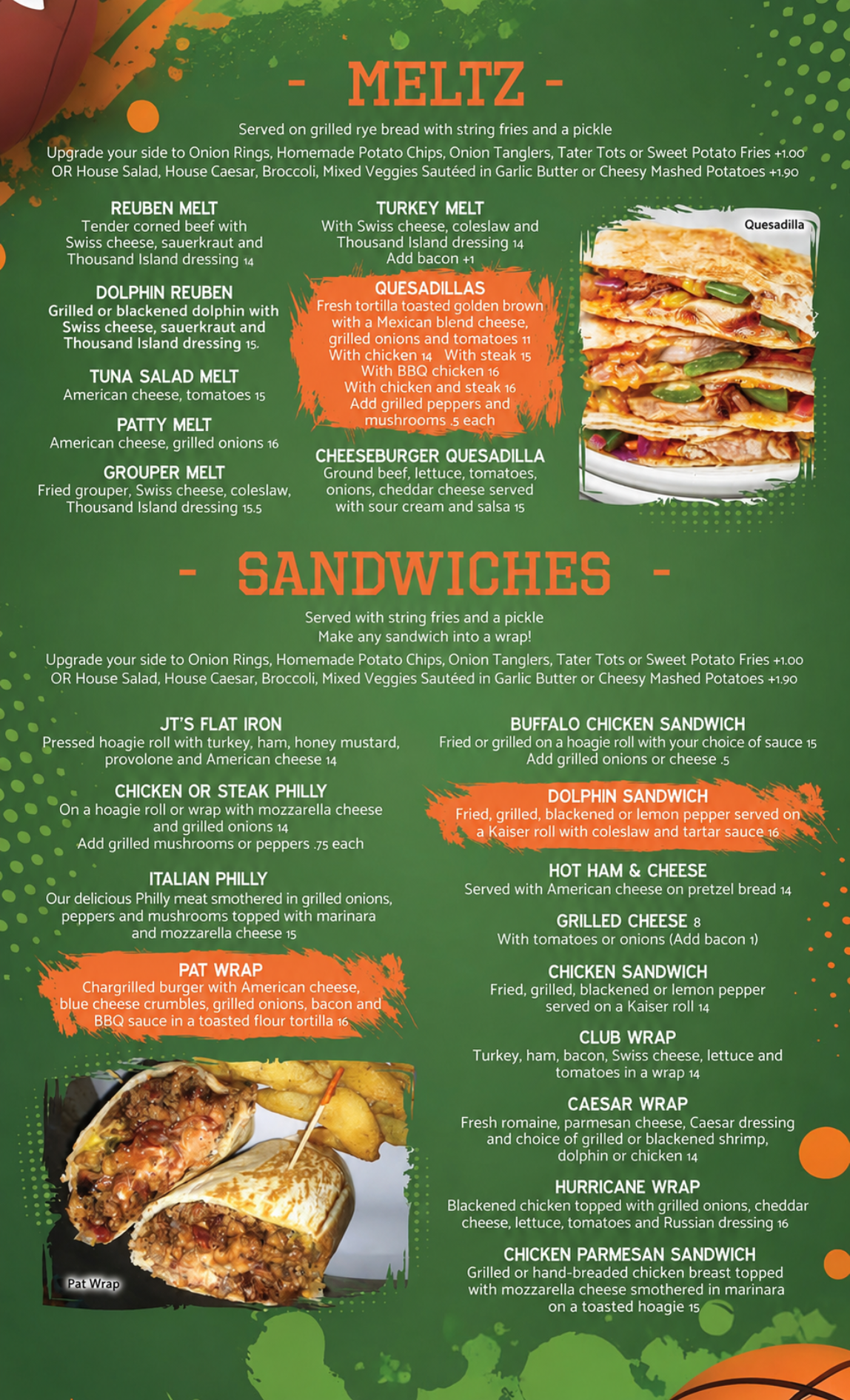A menu for a restaurant with sandwiches and a basketball on it.