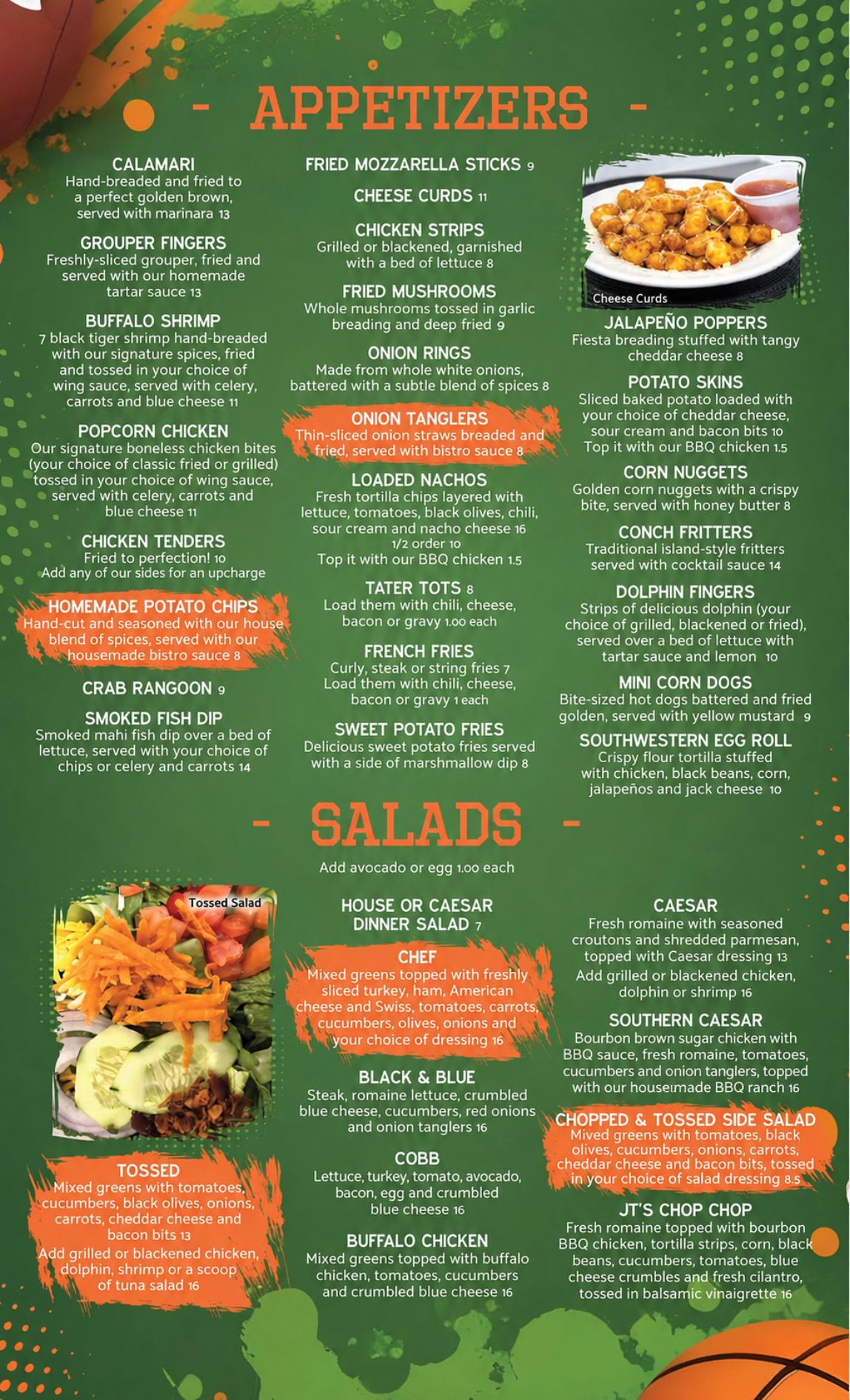 A menu for a restaurant with appetizers and salads.