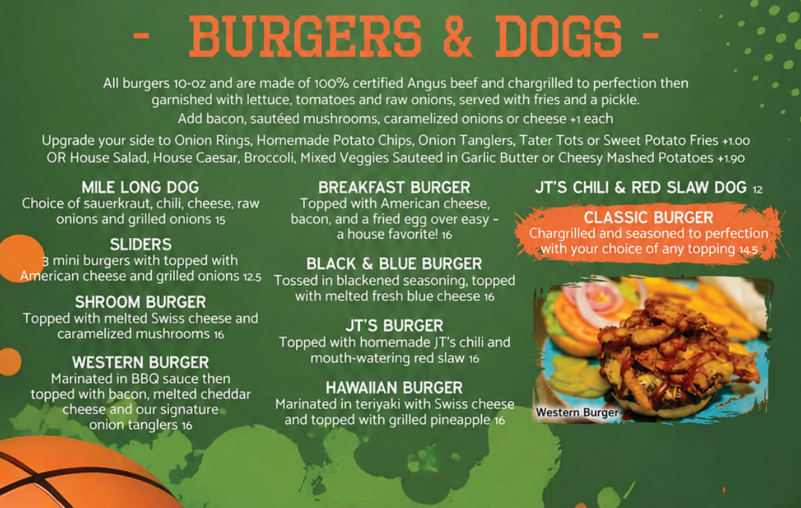 A menu for burgers and dogs with a basketball on it