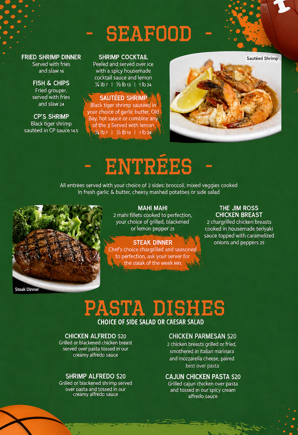A menu for a restaurant with seafood , entrees , and annual crawfish boil.