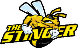 An aggressive yellow and black hornet mascot mascot hovering over the yellow text