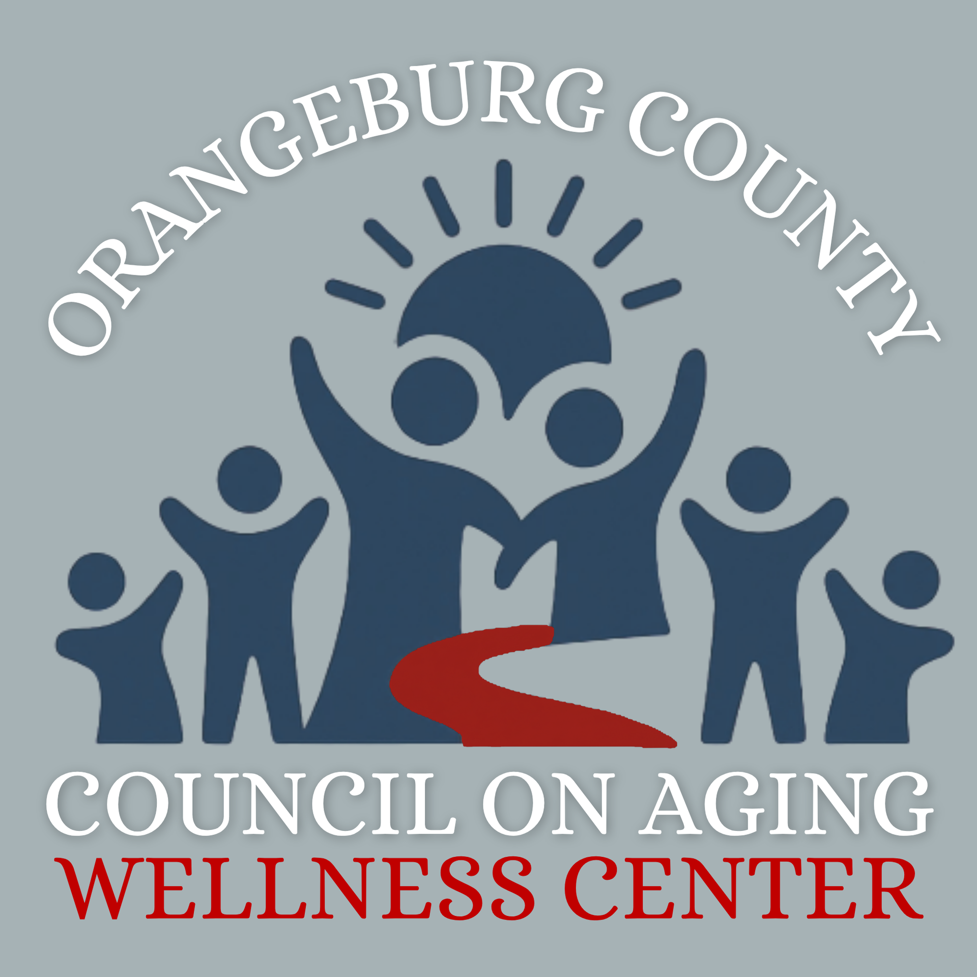 Orangeburg County Council on Aging Wellness Center logo with blue figures and red swoosh on gray background
