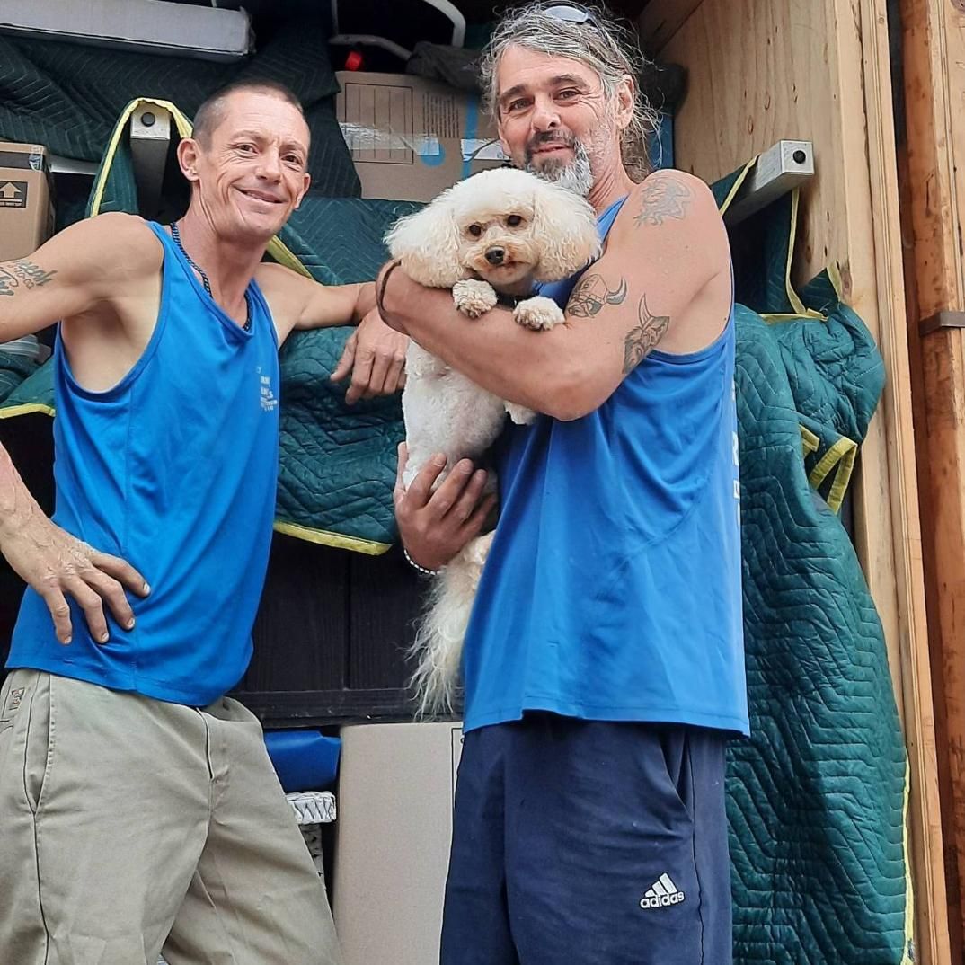 Two Men in Blue Tanks, One Holding a Fluffy White Dog, in Front of a Moving Truck — John's Furniture Removals in Yandina, QLD