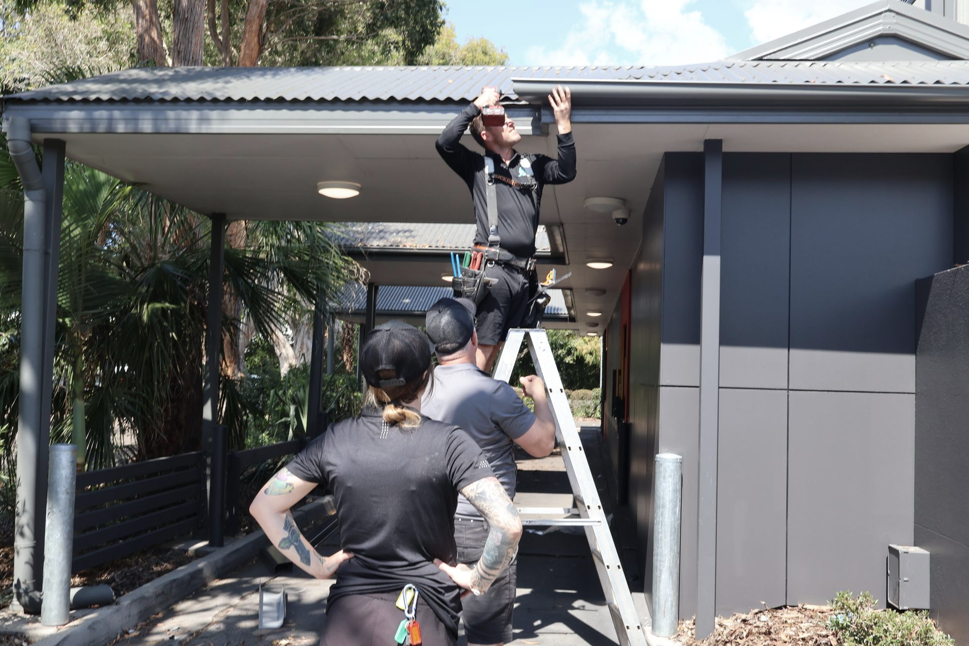 Three People Working on A Building Gutter — Commercial Asset Maintenance In Brendale, QLD