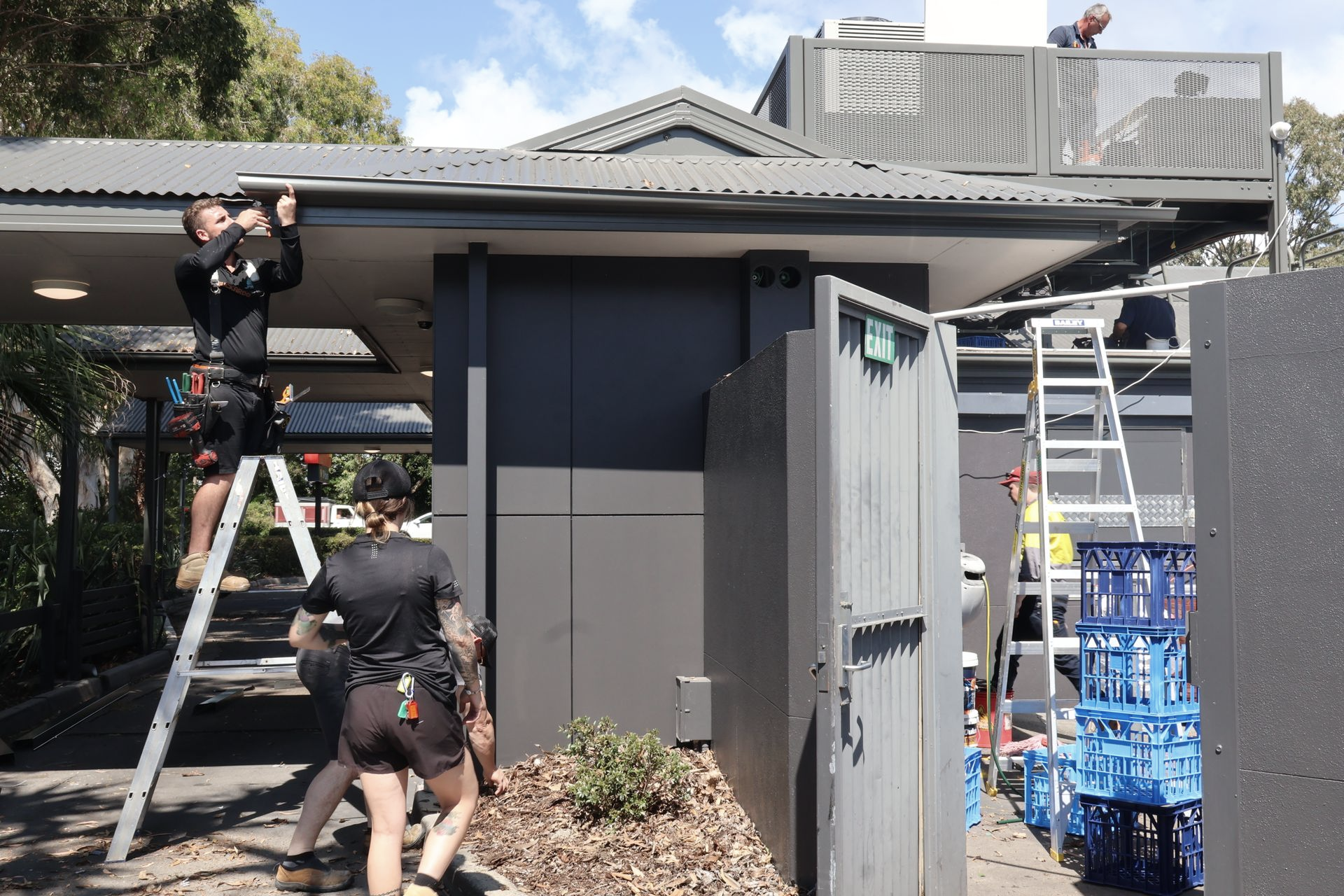 A Workers on Ladders Installing Roofing — Commercial Asset Maintenance In Yandina, QLD