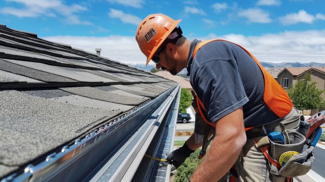 Worker in orange hard hat installing roof gutter beside a shingled roof on a sunny day