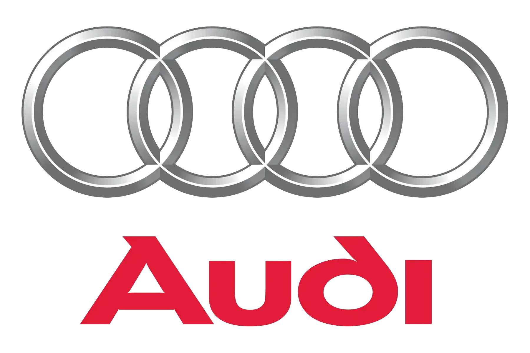 Audi logo: Silver interlocking rings above red "Audi" wordmark.