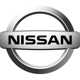 Nissan logo: Silver circle with a horizontal bar across the middle, and the word "NISSAN" in black.