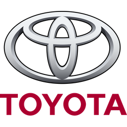 Toyota logo with silver emblem and red text.