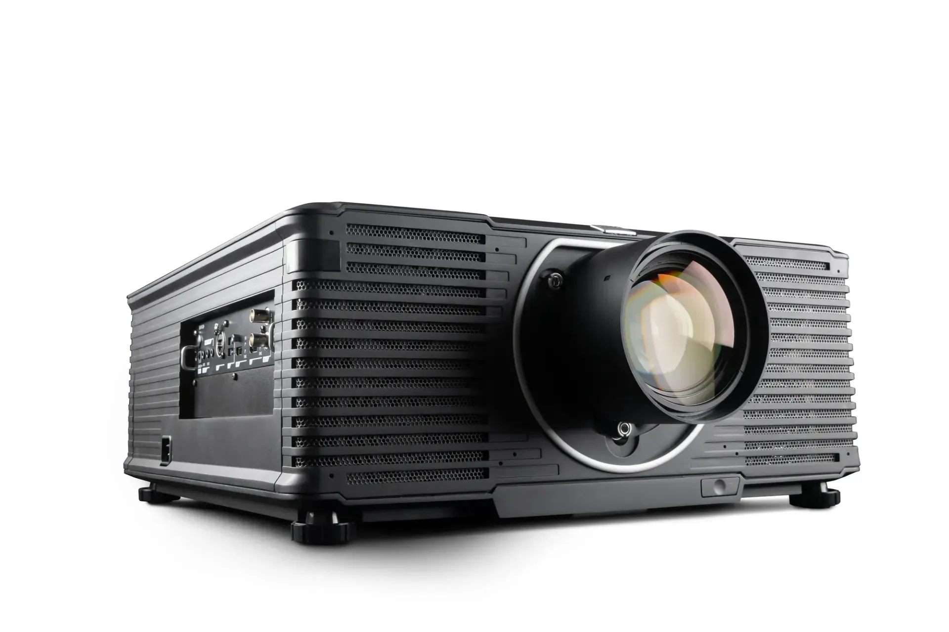 Two projectors, one black, one white, side-by-side, angled on a white surface.