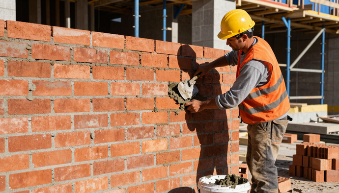 Worker repairing a red brick wall with mortar during masonry service in Cypress, TX