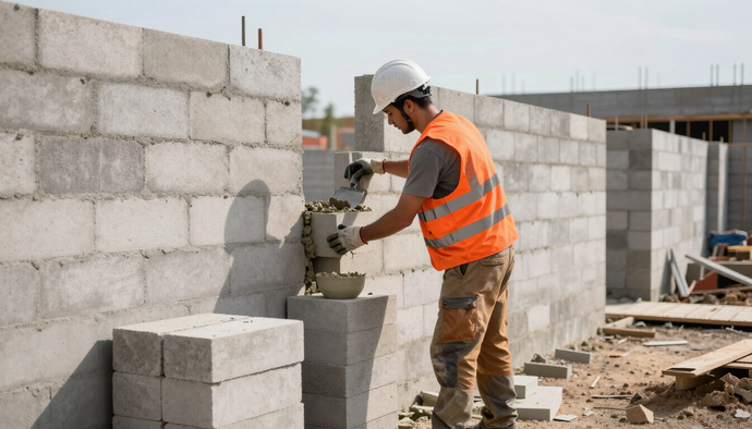 Worker setting concrete blocks in a straight wall during masonry service in Cypress, TX