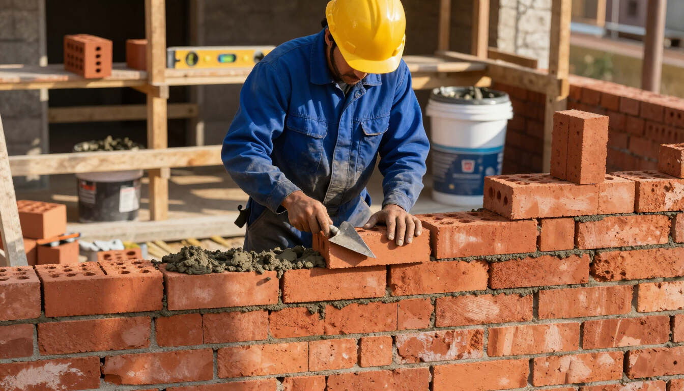 Mason placing red brick blocks into fresh mortar during masonry service in Cypress, TX