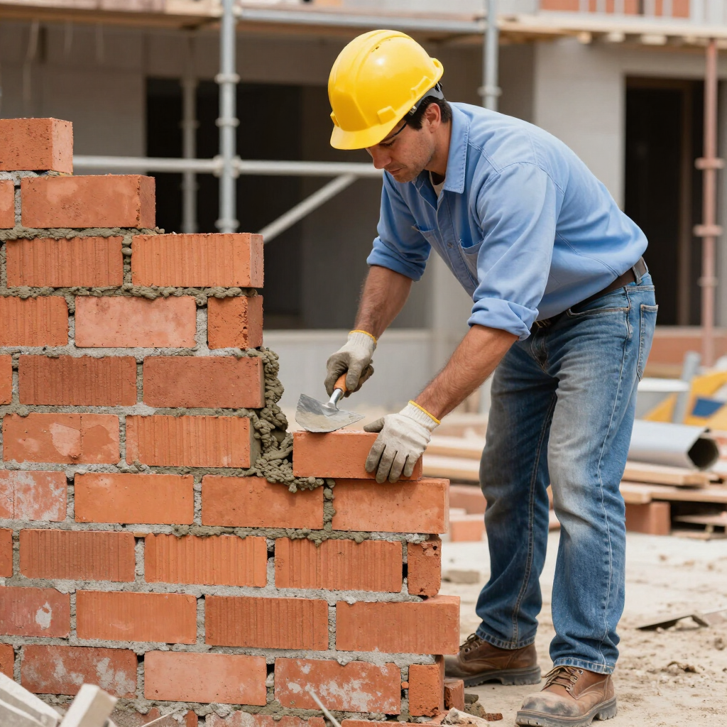 Mason finishing brick wall joints with a trowel during masonry service in Cypress, TX