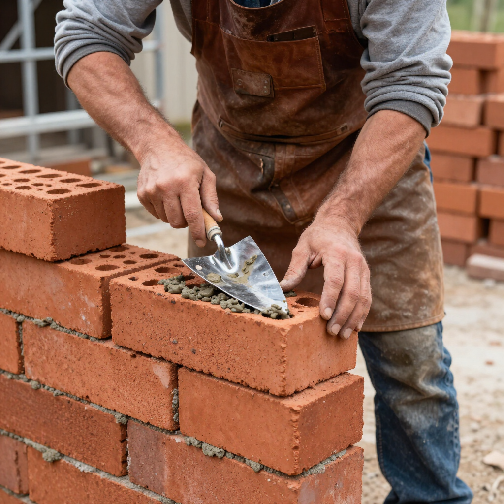 Close-up of a trowel spreading mortar on red brick during masonry service in Cypress, TX