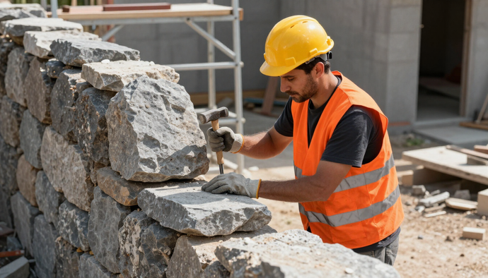 Worker building a rough stone wall by hand during masonry service in Cypress, TX