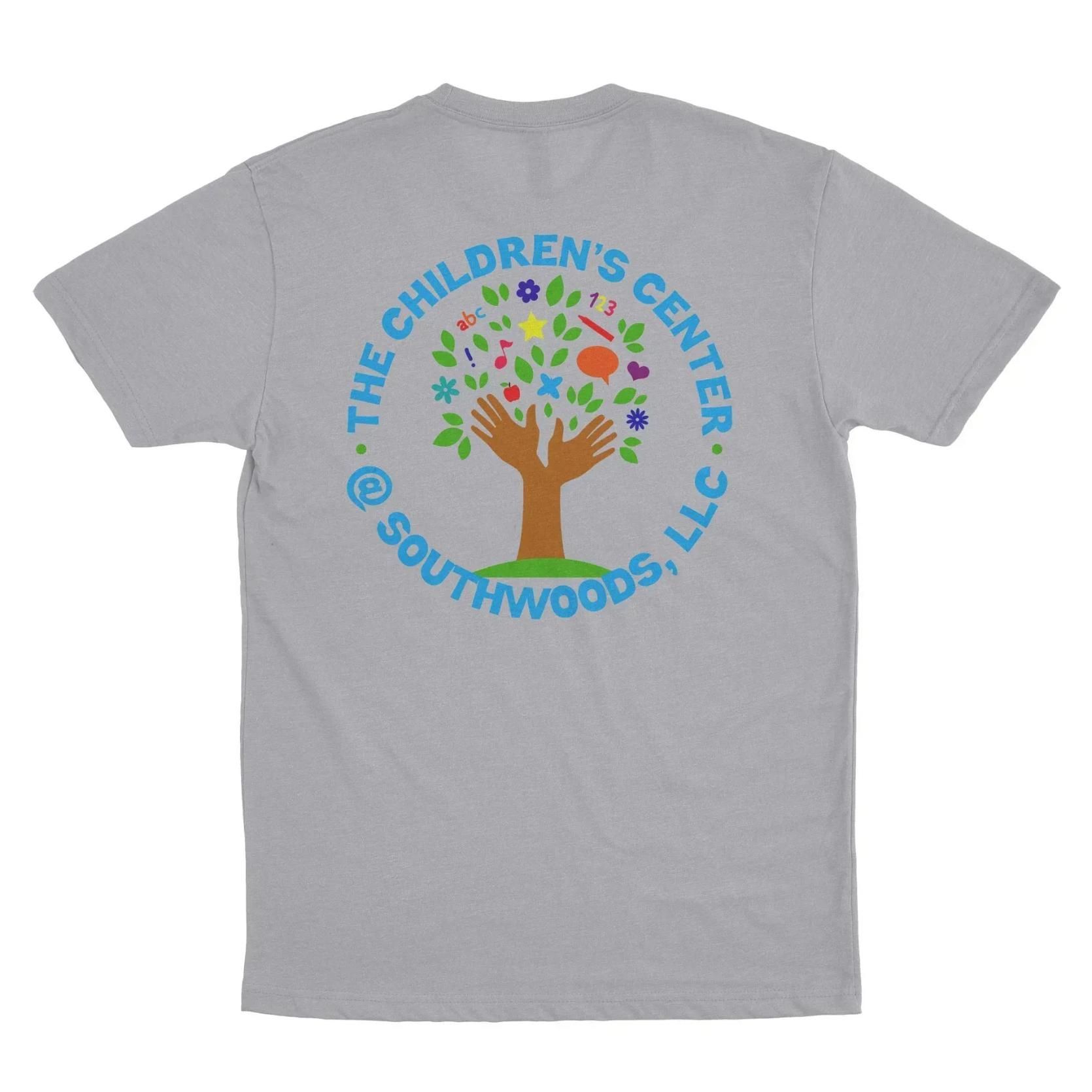 Gray T-shirt with circular Children’s Center at Southwoods, LLC tree-and-children logo in blue and multicolors