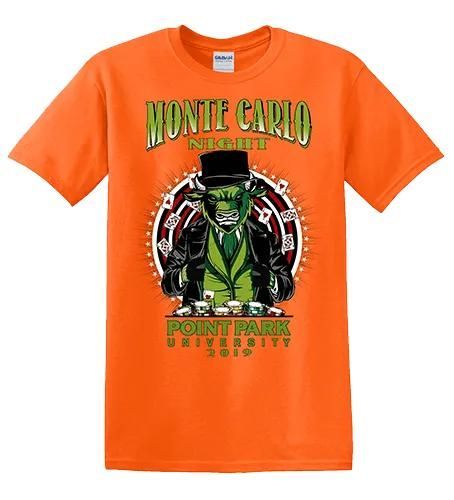 Orange Point Park University T-shirt with Monte Carlo graphic and green character in top hat