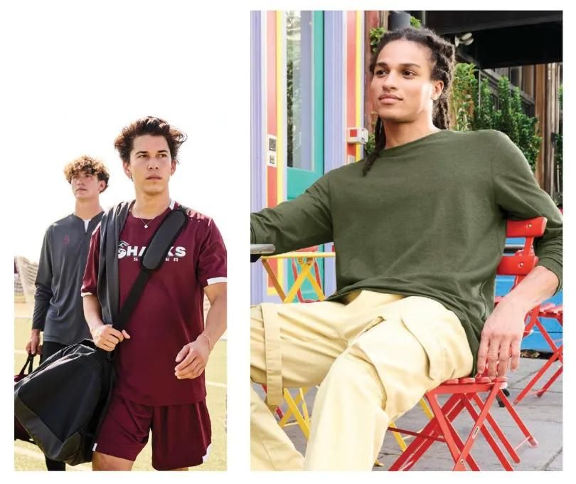Two fashion models posing outdoors, one seated in green top and cream pants, another standing in burgundy sporty outfit
