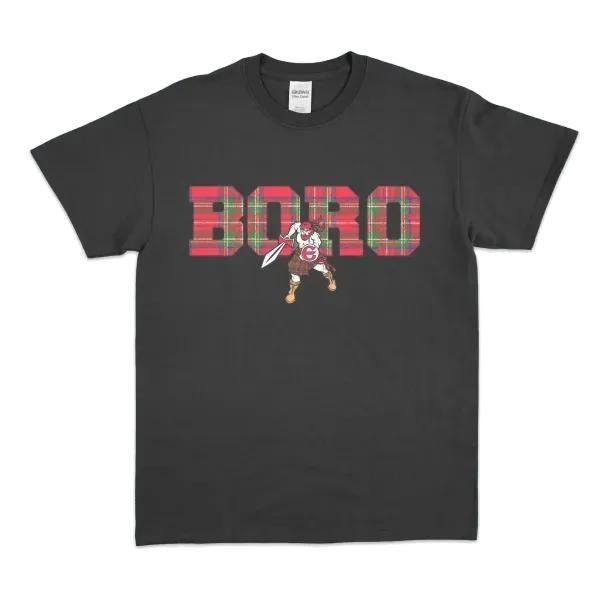Black T-shirt with red plaid “BOBO” text and a small graphic beneath it