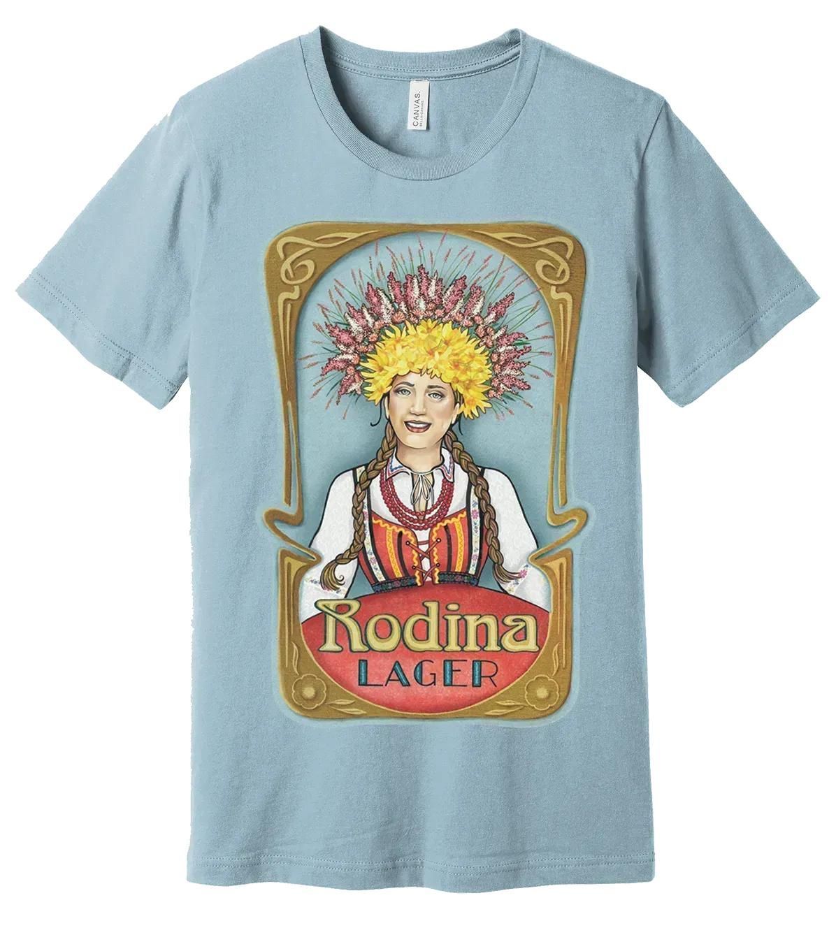 Light blue T-shirt with a vintage-style Rodina Lager graphic and colorful portrait print
