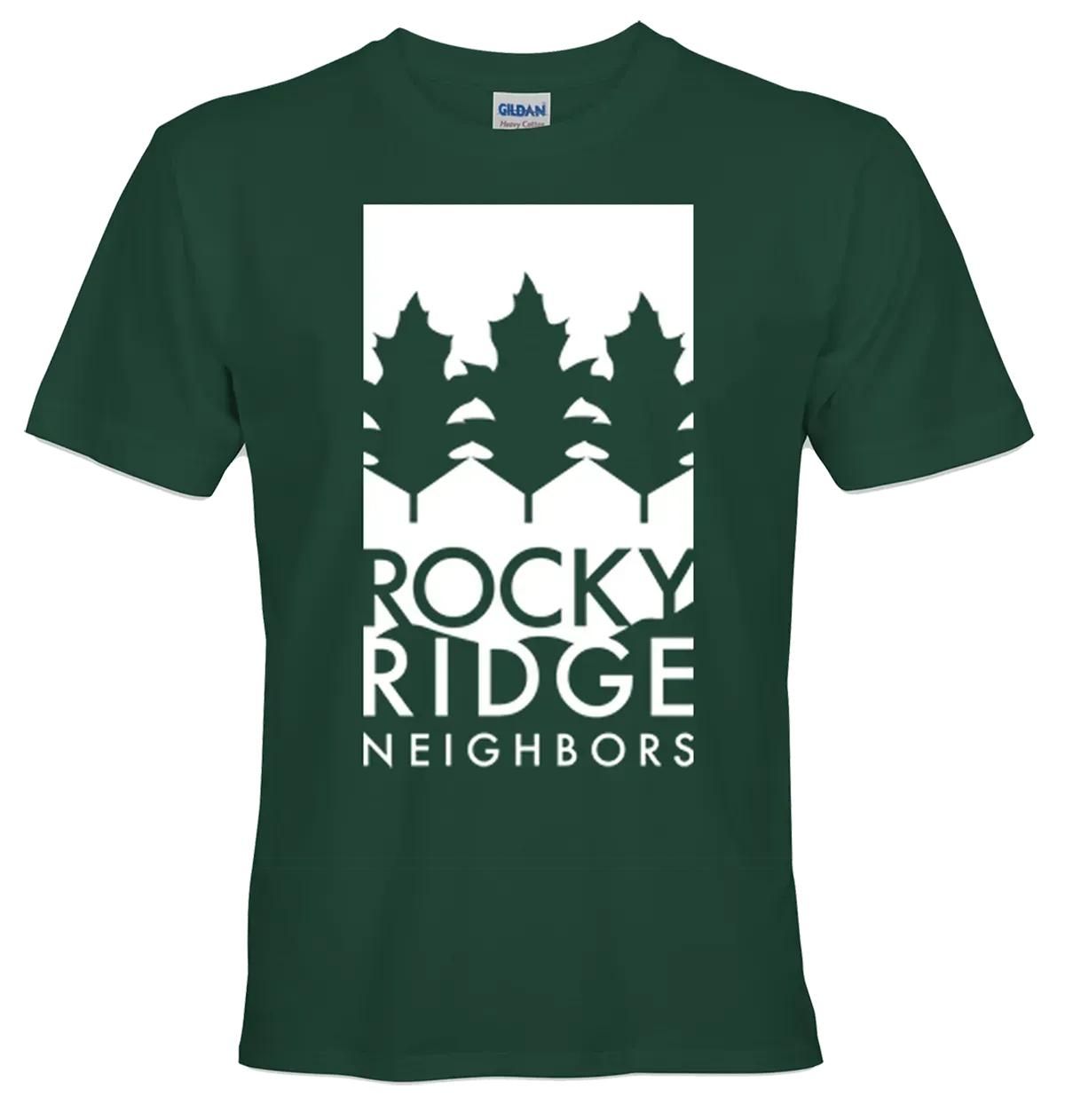 Dark green T-shirt with white Rocky Ridge Neighbors logo and pine trees