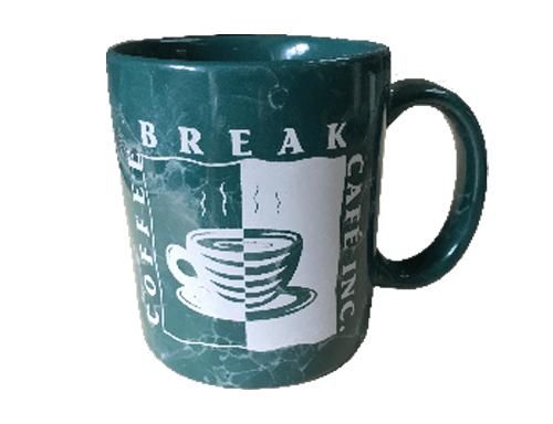 Dark green ceramic mug with white coffee cup graphic and the word “BREAK” on it
