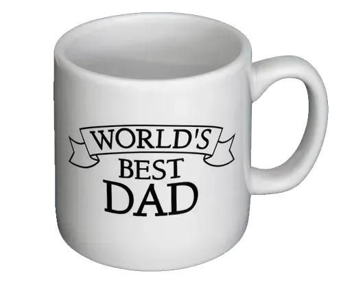 White mug with black text reading “WORLD’S BEST DAD” and a banner design