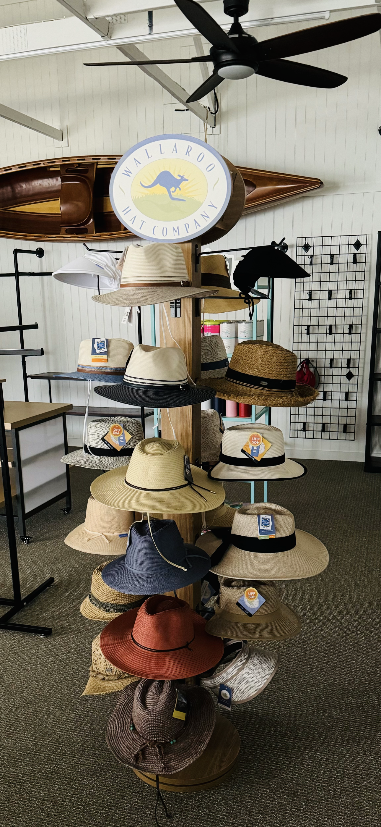 A display of hats on a stand in a store.