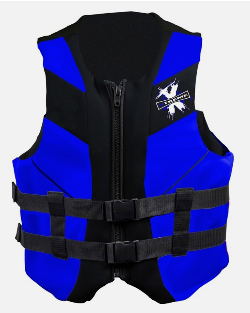 A blue and gray life vest with a checkered pattern on it.