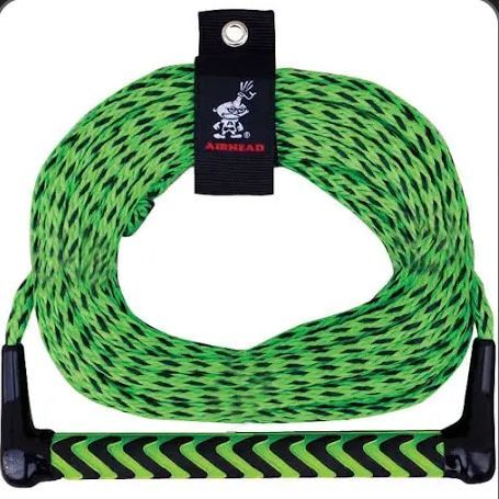 A green rope with a black handle and a tag that says airhead