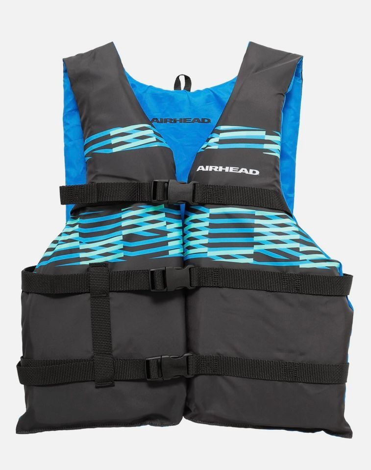 A blue and gray life vest with a checkered pattern on it.