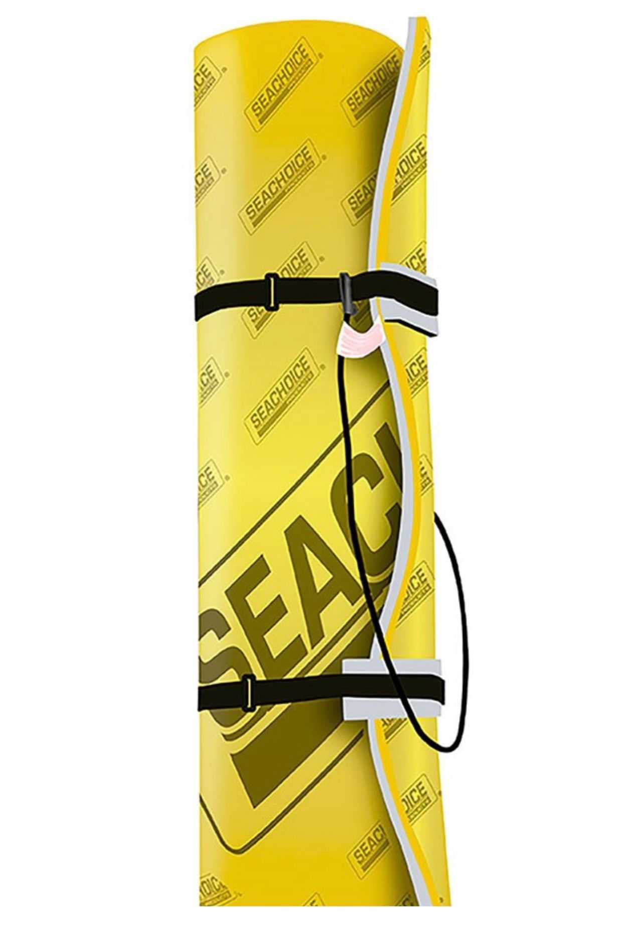 A yellow surfboard with a black strap attached to it.