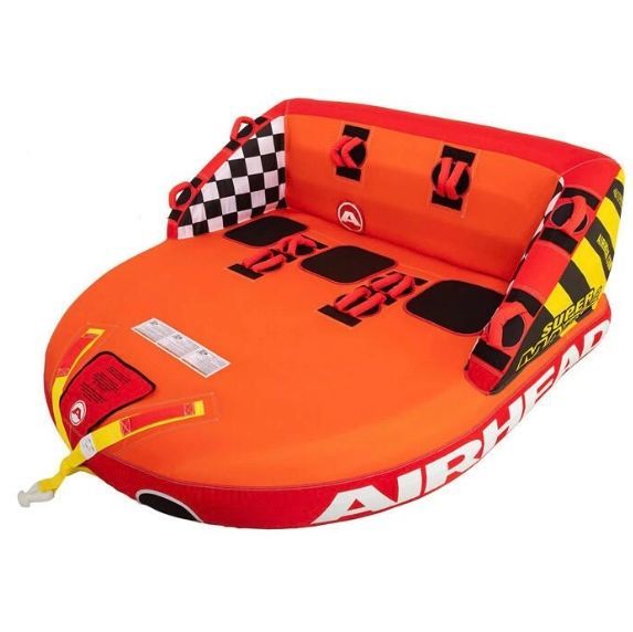 A red and orange raft with the word airhead on it