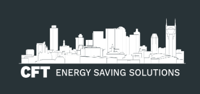 A logo for cft energy saving solutions with a city skyline